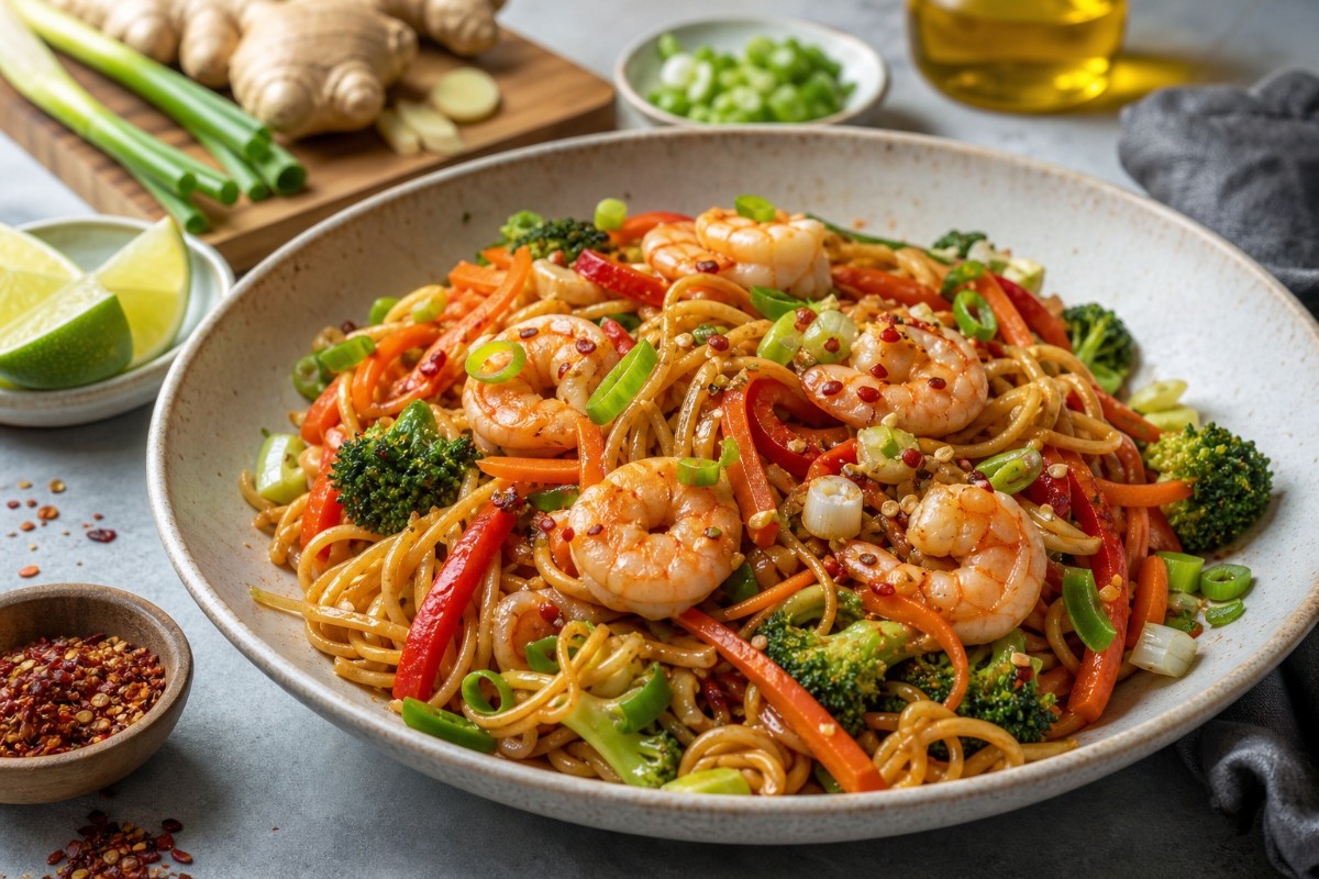 Wok med nudlar och räkor