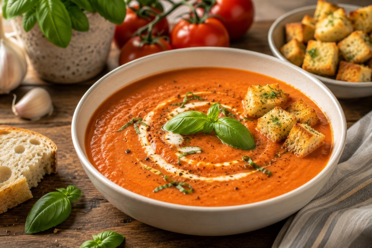 Krämig tomatsoppa med basilika och vitlökskrutonger